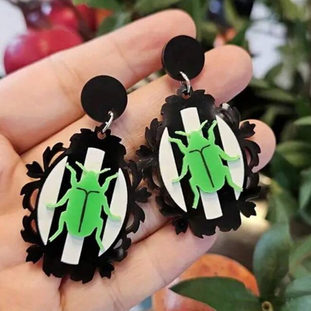 Black and White, Green Beetle Earrings NEW Halloween Goth Jewelry beetlejuice